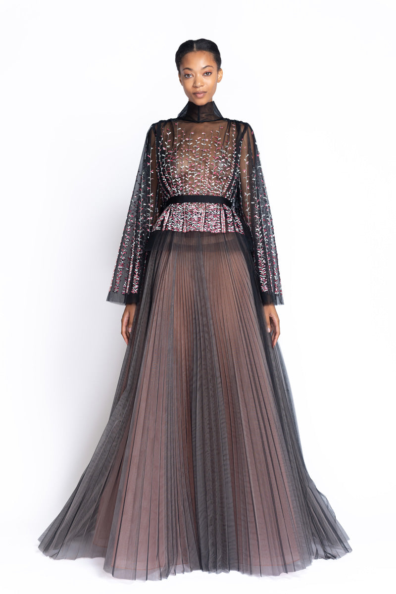 Tuscan Embroidered Onyx Gown with Bell Sleeves And Pleated Skirt 2