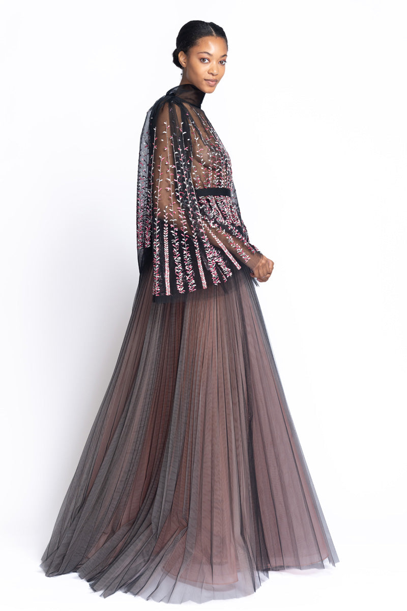 Tuscan Embroidered Onyx Gown with Bell Sleeves And Pleated Skirt 3