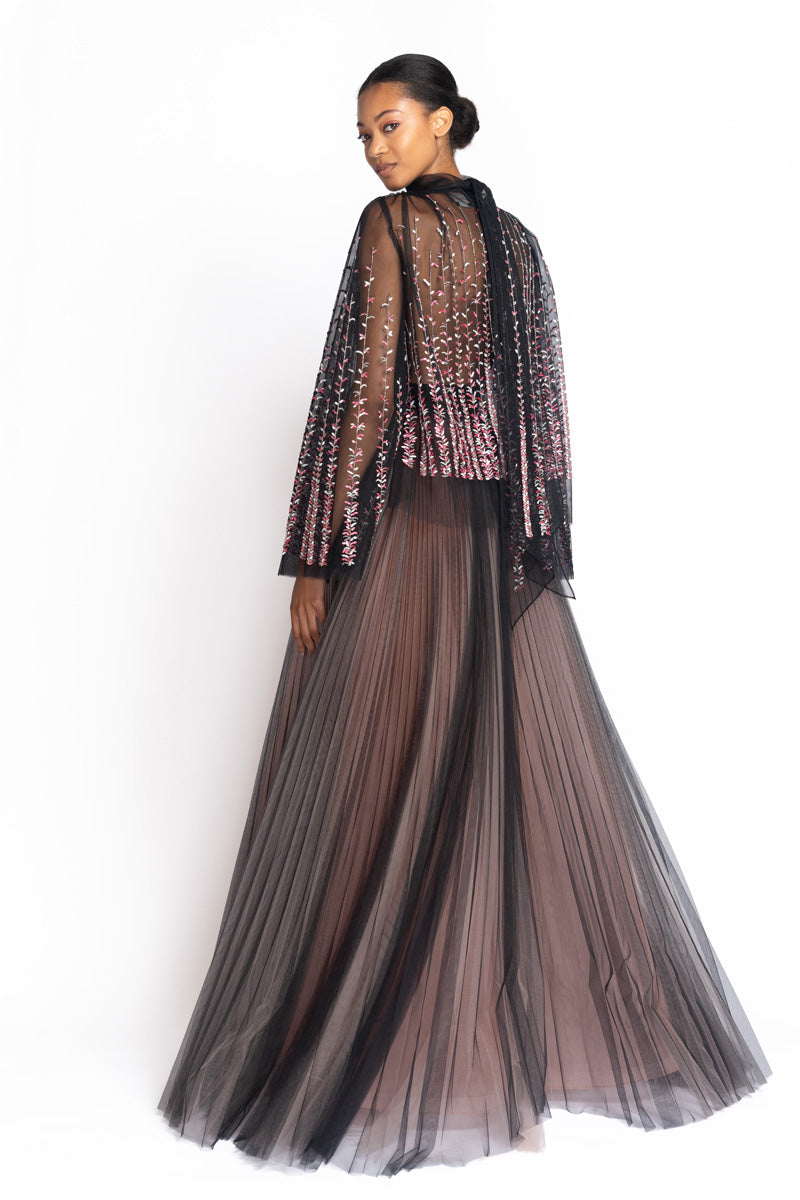 Tuscan Embroidered Onyx Gown with Bell Sleeves And Pleated Skirt 4