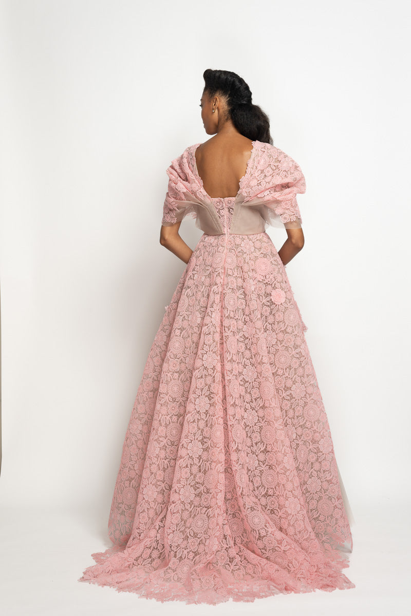 Blossom Smita Lace and Tulle Gown with Moulded Sleeves and Peplum Train 5