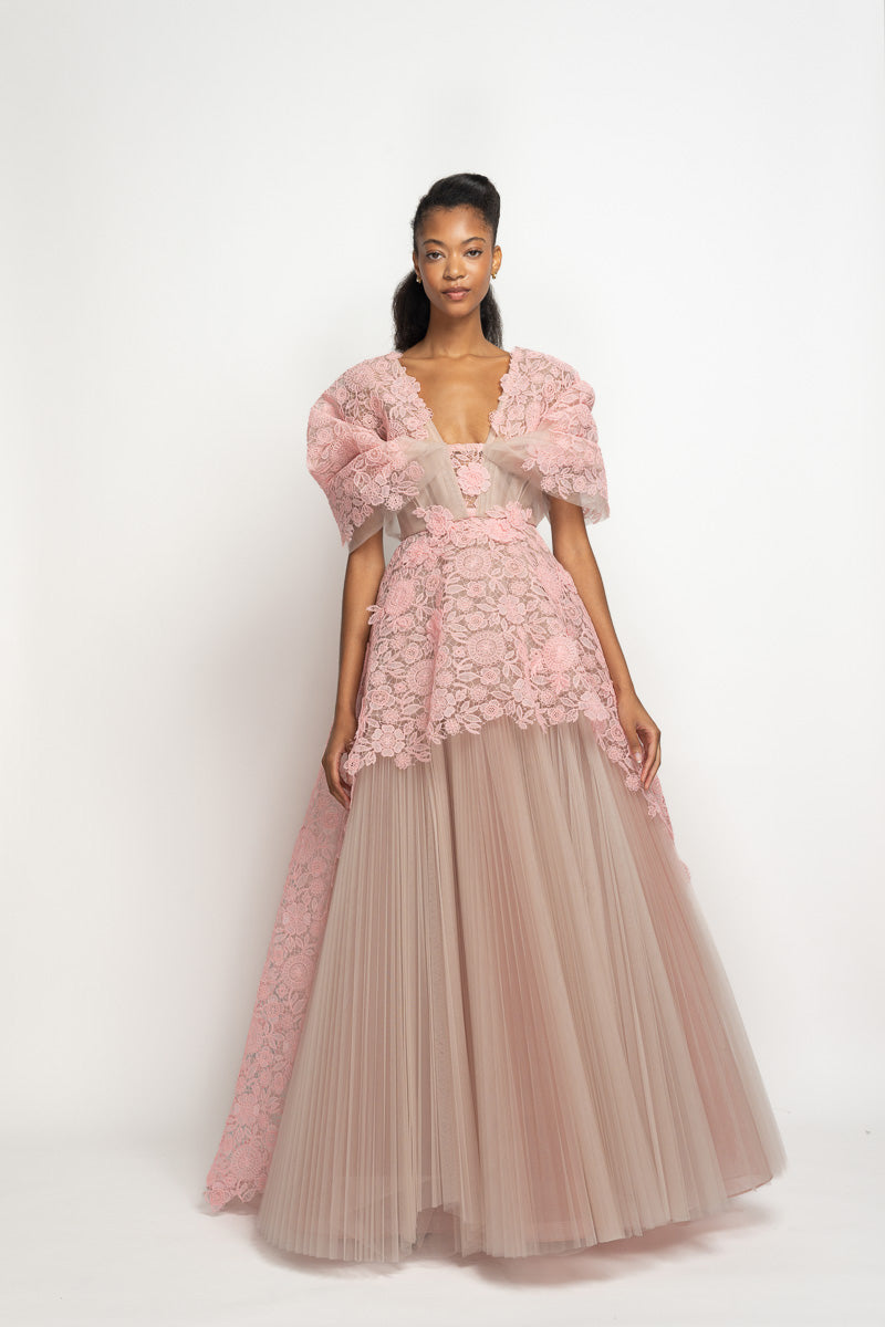 Blossom Smita Lace and Tulle Gown with Moulded Sleeves and Peplum Train 2