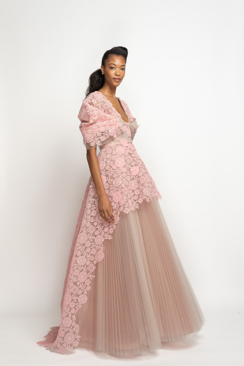 Blossom Smita Lace and Tulle Gown with Moulded Sleeves and Peplum Train 3