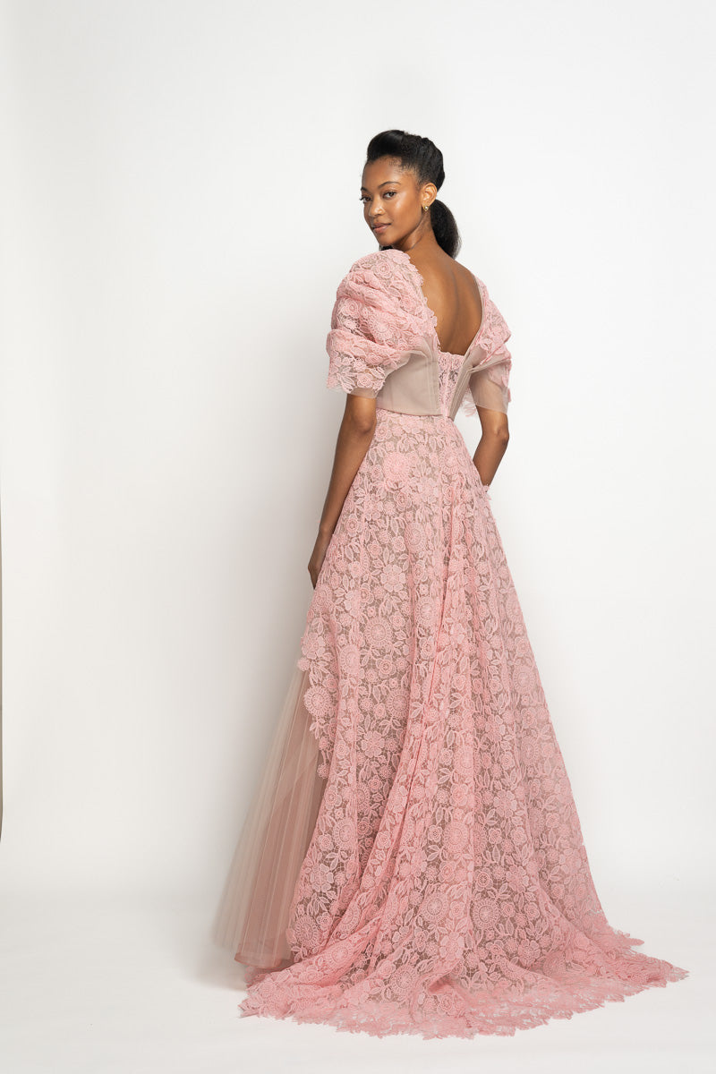 Blossom Smita Lace and Tulle Gown with Moulded Sleeves and Peplum Train 4