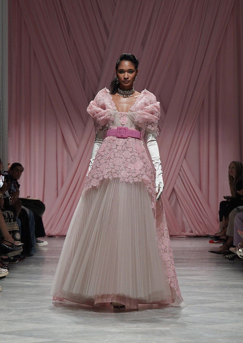 Blossom Smita Lace and Tulle Gown with Moulded Sleeves and Peplum Train 1