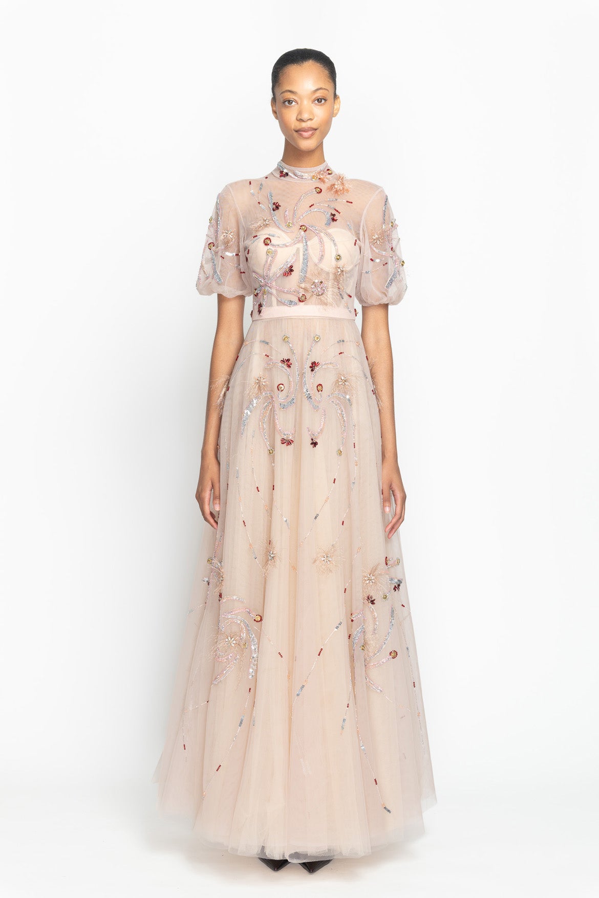 Blush Tulle Dance Dress with Crystal Radicle Embroidery and Puff Sleeves Front