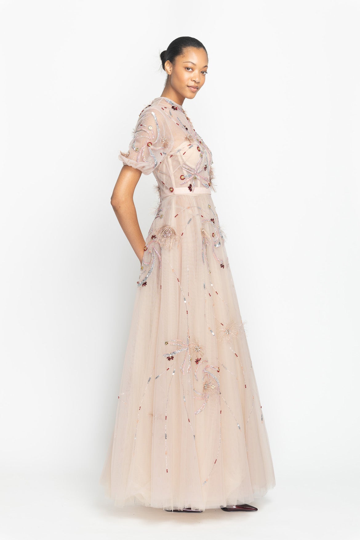 Blush Tulle Dance Dress with Crystal Radicle Embroidery and Puff Sleeves Side One