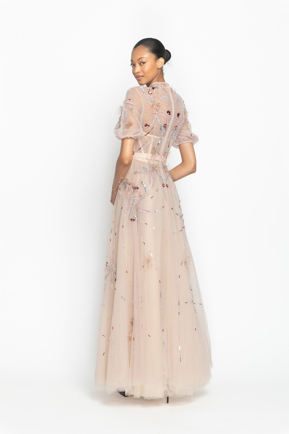 Blush Tulle Dance Dress with Crystal Radicle Embroidery and Puff Sleeves Side Two