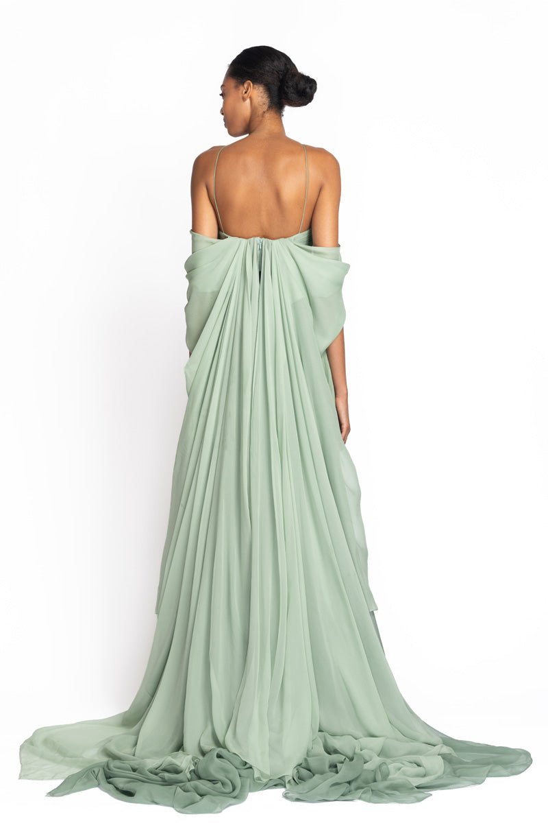 Olive Branch Embroidered Verde Mousseline Gown 5