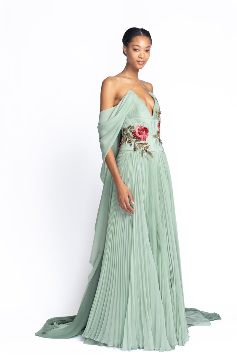 Olive Branch Embroidered Verde Mousseline Gown 3