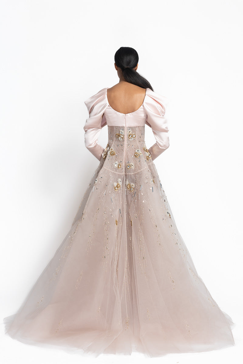 Rose Double Duchess Draped Shoulders and Jugnu Embroidered Tulle Gown Back
