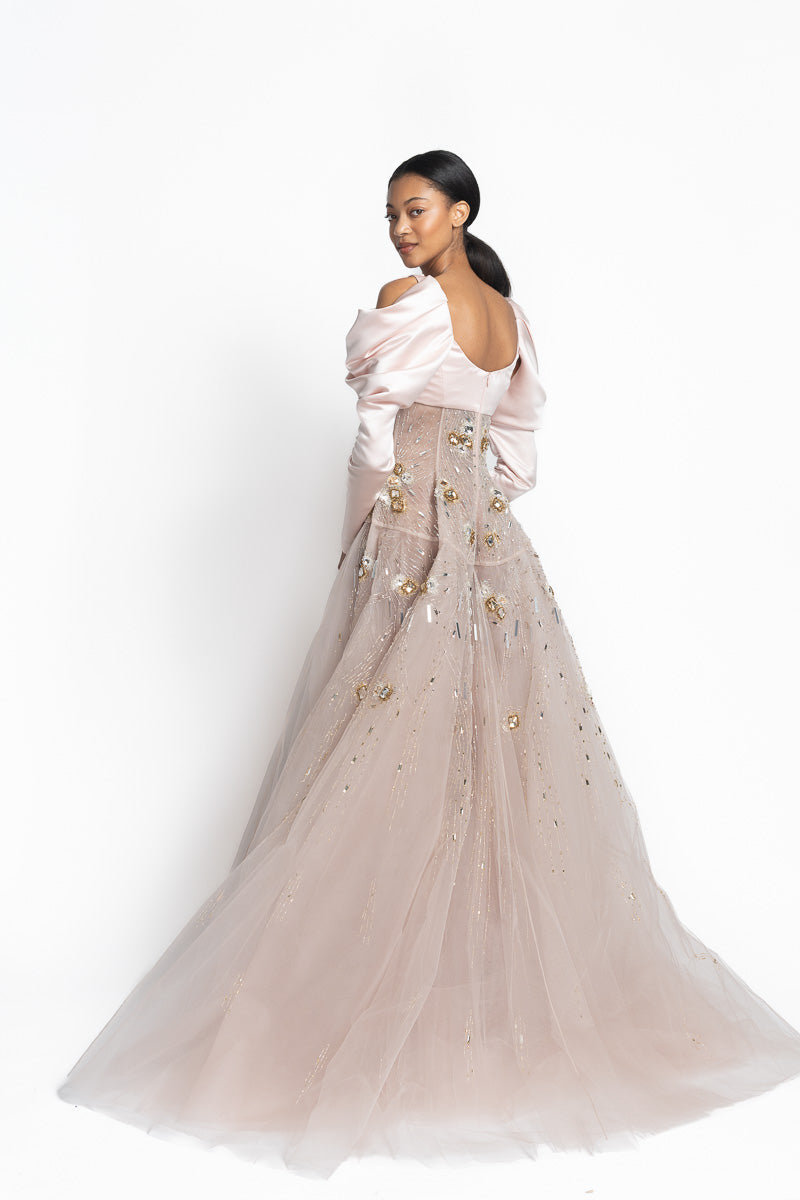 Rose Double Duchess Draped Shoulders and Jugnu Embroidered Tulle Gown Side Two