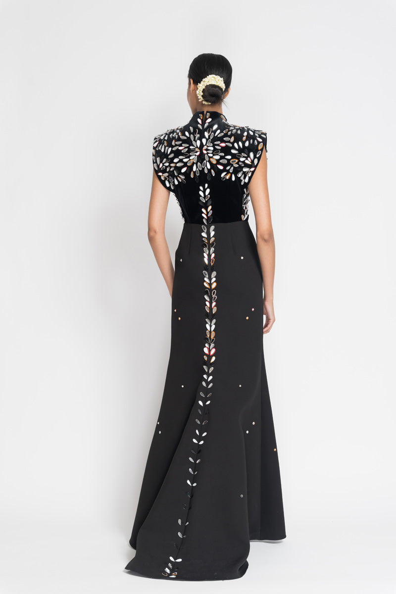 Black Kala Velvet And Cady Gown With Sashi Mirror Embroidery 5