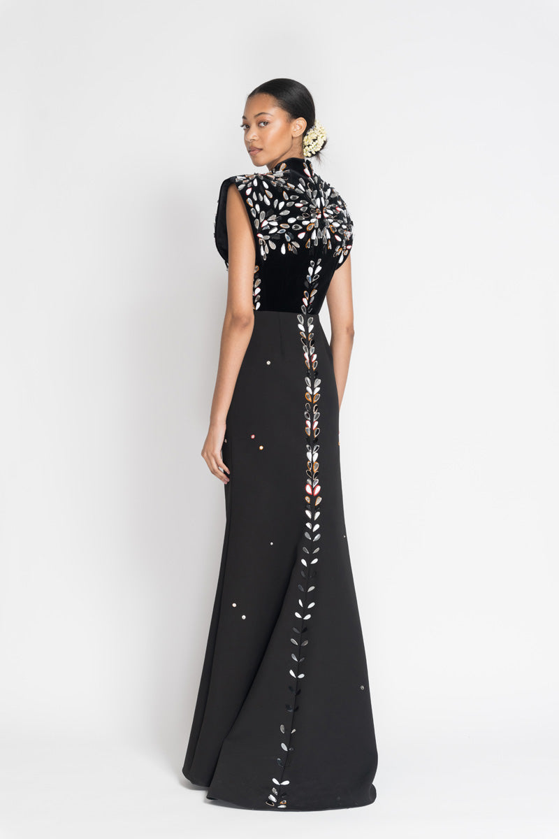 Black Kala Velvet And Cady Gown With Sashi Mirror Embroidery 4