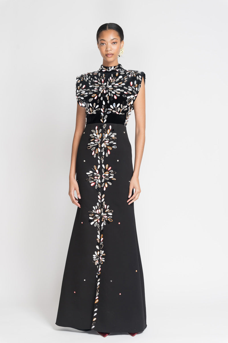 Black Kala Velvet And Cady Gown With Sashi Mirror Embroidery 2