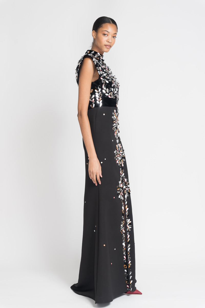 Black Kala Velvet And Cady Gown With Sashi Mirror Embroidery 3