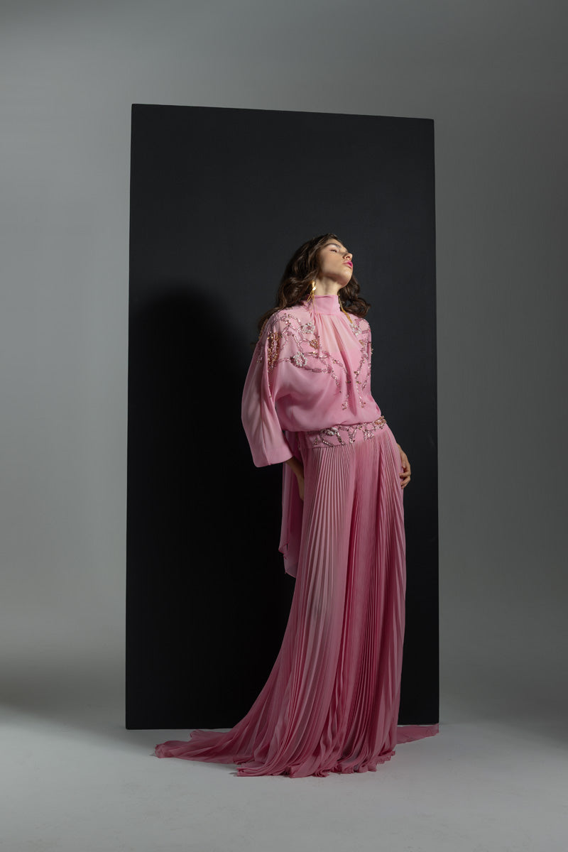 Wild Rose Hex Weave Embroidered Chiffon Gown with Pleated Skirt Front Runway
