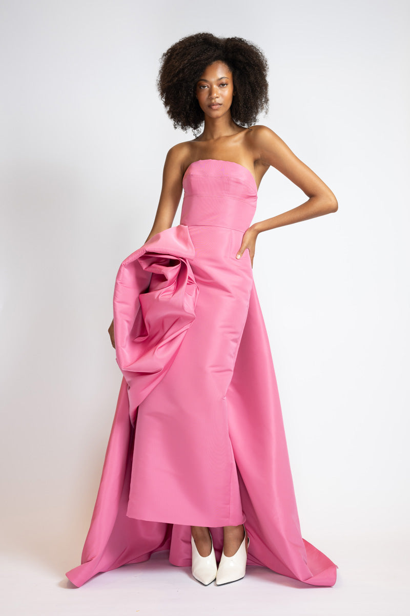 Camellia Faille Strapless Dress With Draped Blossom Train 1