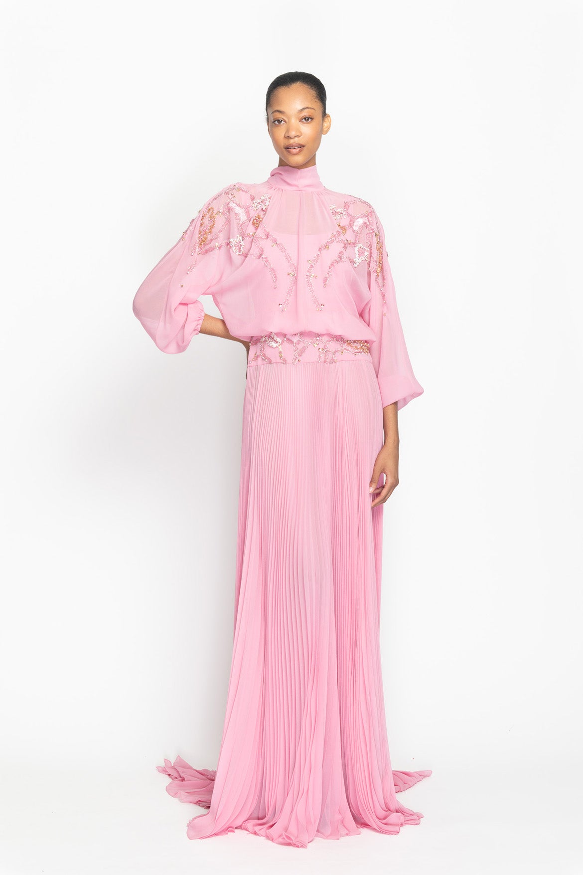 Wild Rose Hex Weave Embroidered Chiffon Gown with Pleated Skirt Front