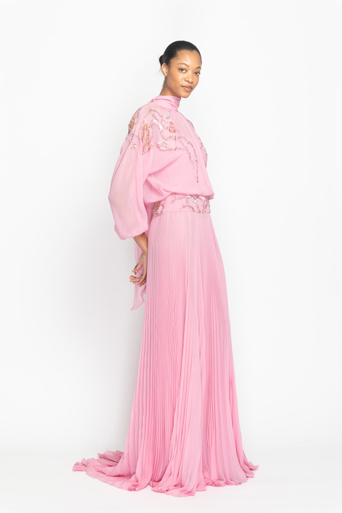 Wild Rose Hex Weave Embroidered Chiffon Gown with Pleated Skirt Side One