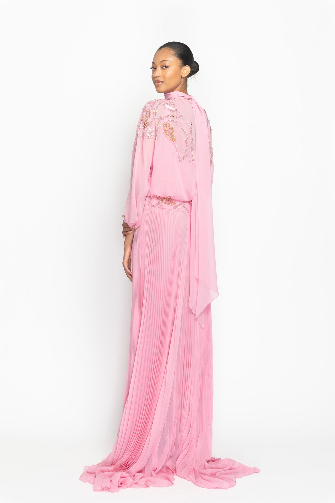 Wild Rose Hex Weave Embroidered Chiffon Gown with Pleated Skirt Side Two