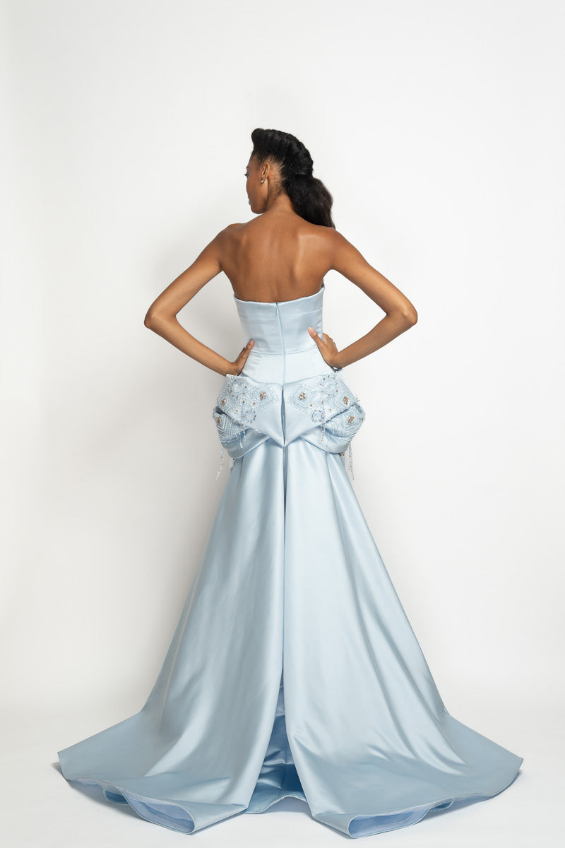 Aqua Double Face Duchess Satin Strapless Gown with Alpana Embroidery Moulded Peplum and Train 5