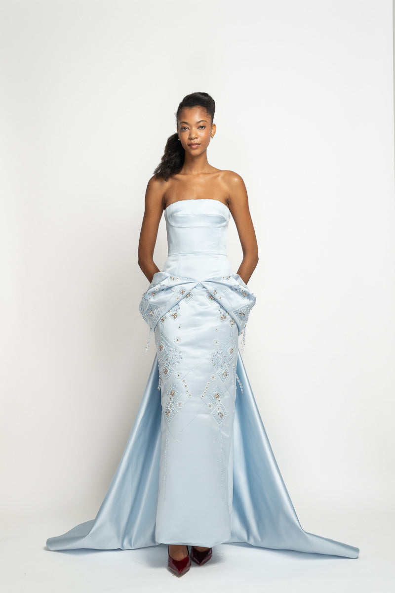 Aqua Double Face Duchess Satin Strapless Gown with Alpana Embroidery Moulded Peplum and Train 2