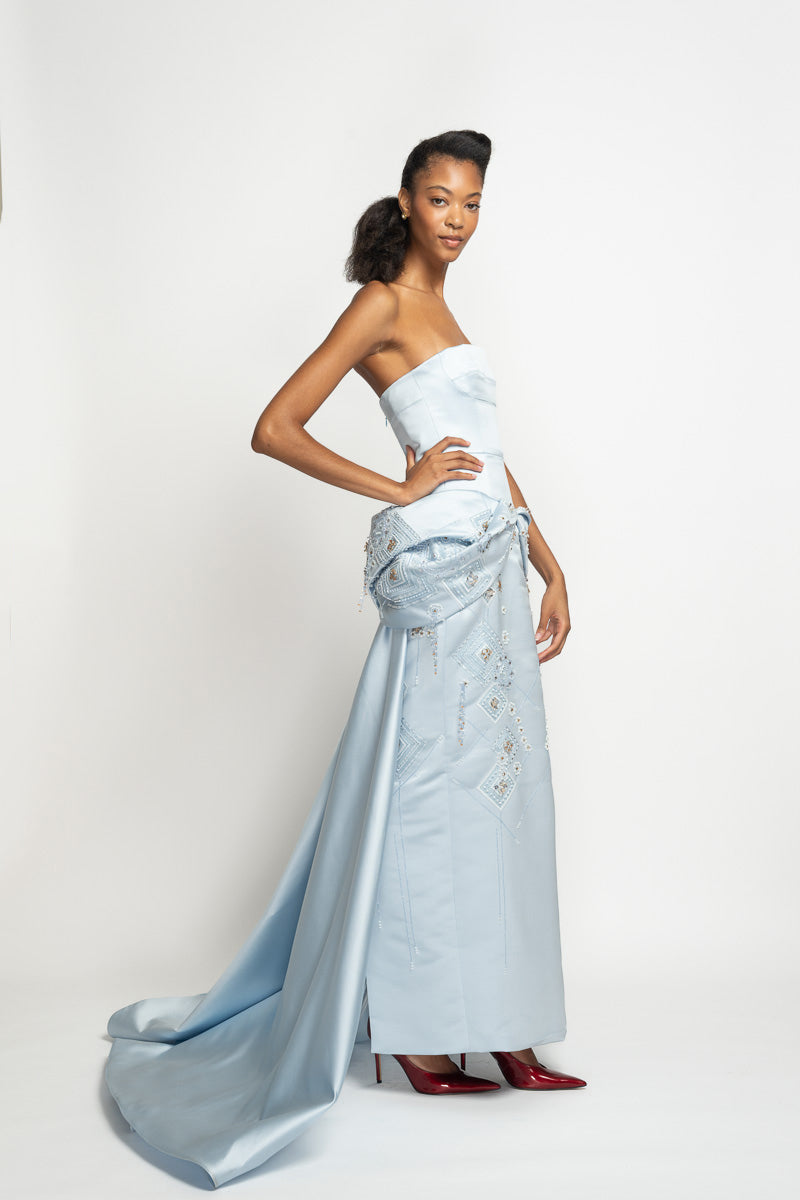 Aqua Double Face Duchess Satin Strapless Gown with Alpana Embroidery Moulded Peplum and Train 3