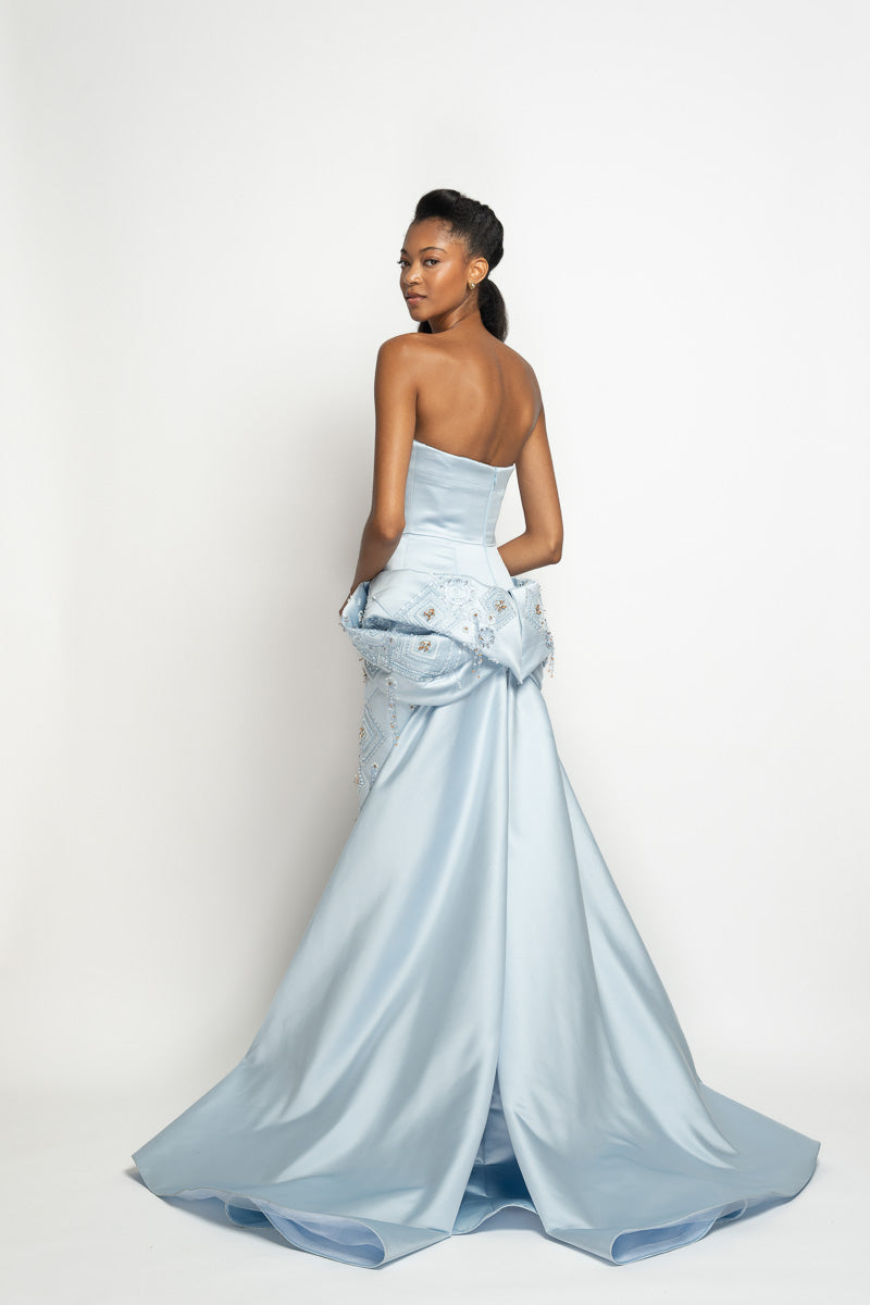 Aqua Double Face Duchess Satin Strapless Gown with Alpana Embroidery Moulded Peplum and Train 4