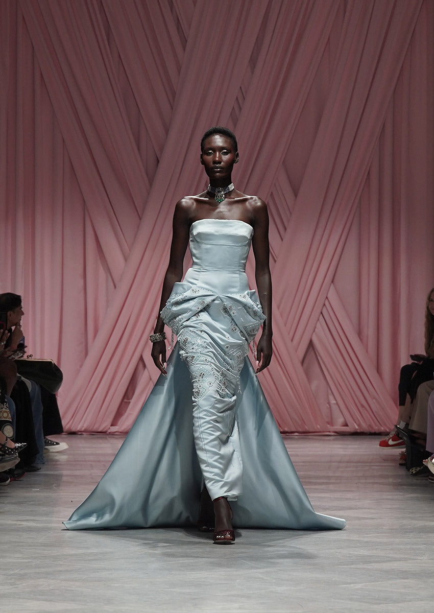 Aqua Double Face Duchess Satin Strapless Gown with Alpana Embroidery Moulded Peplum and Train 1