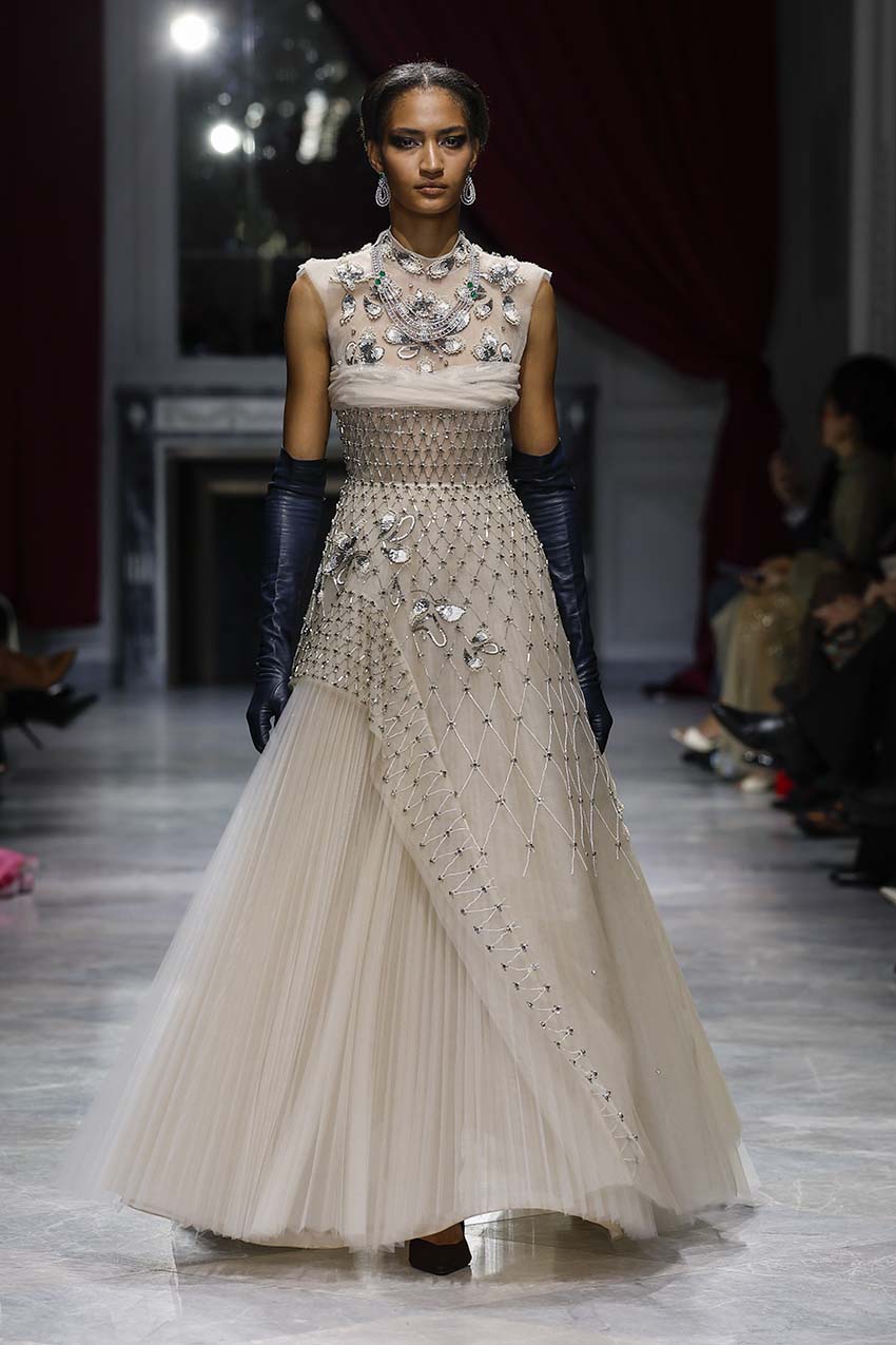 Light Sand Tulle Ball Gown with Noor-Jaal Embroidery Front Runway