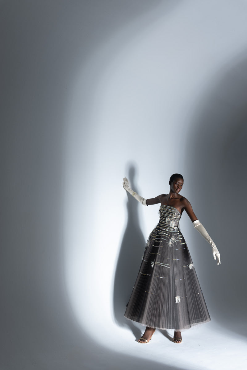 Onyx and Blush Tulle Strapless Ball Gown with Crystal Radicle Embroidery Front Runway