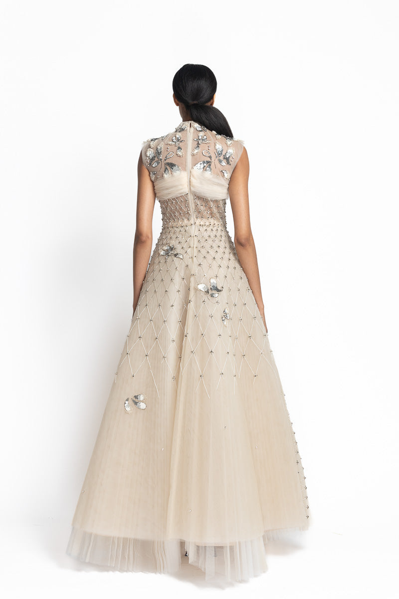 Light Sand Tulle Ball Gown with Noor-Jaal Embroidery Back