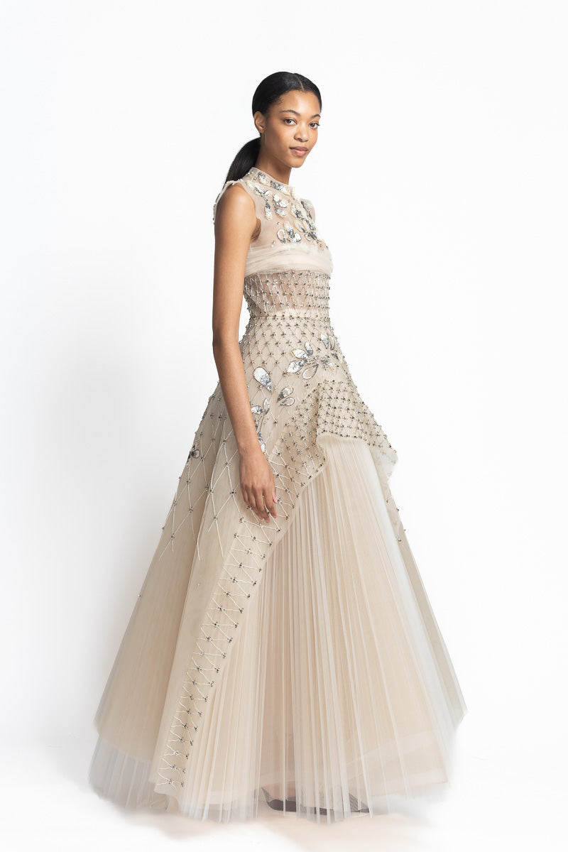 Light Sand Tulle Ball Gown with Noor-Jaal Embroidery Side One