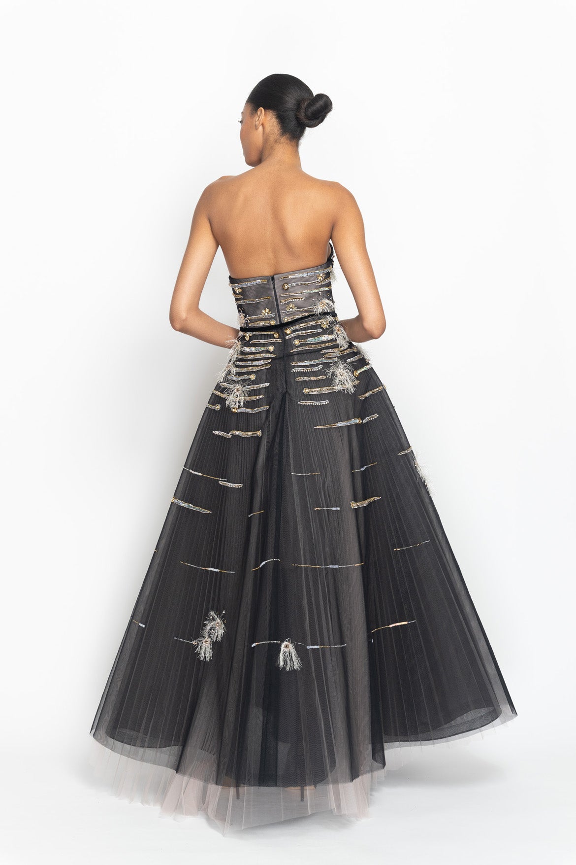 Onyx and Blush Tulle Strapless Ball Gown with Crystal Radicle Embroidery Back