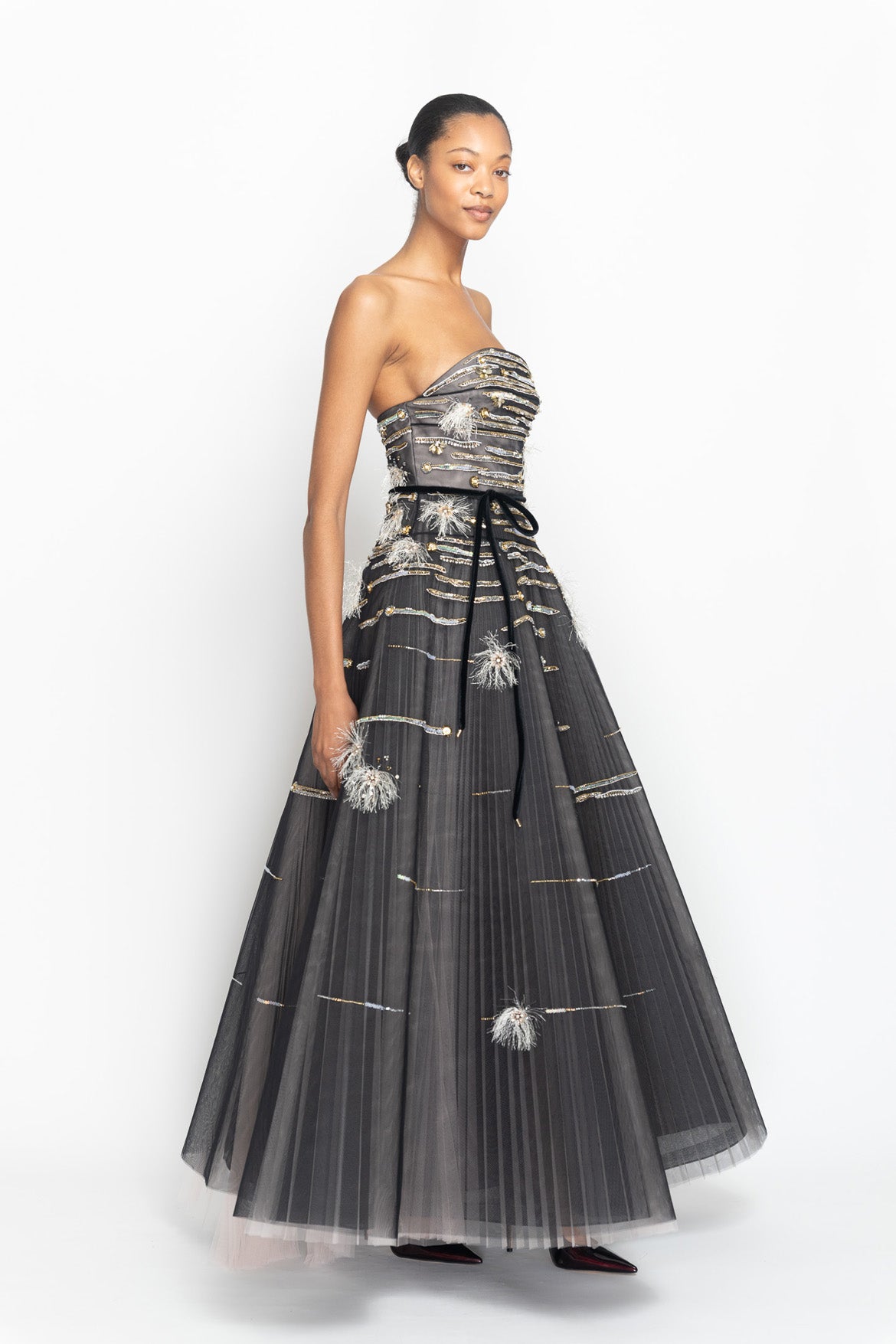 Onyx and Blush Tulle Strapless Ball Gown with Crystal Radicle Embroidery Side One