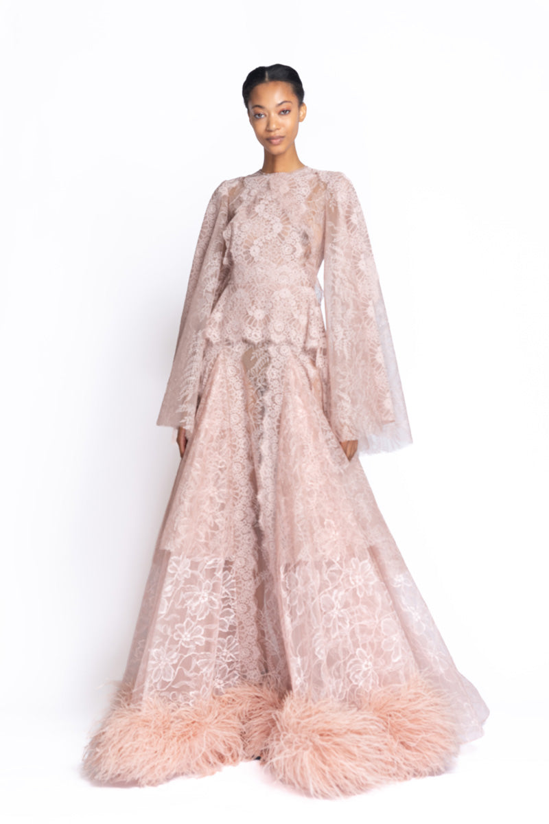 Primrose Multi-Chantilly Lace Gown with Feathered Hem 2
