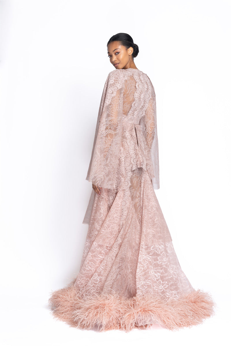 Primrose Multi-Chantilly Lace Gown with Feathered Hem 4