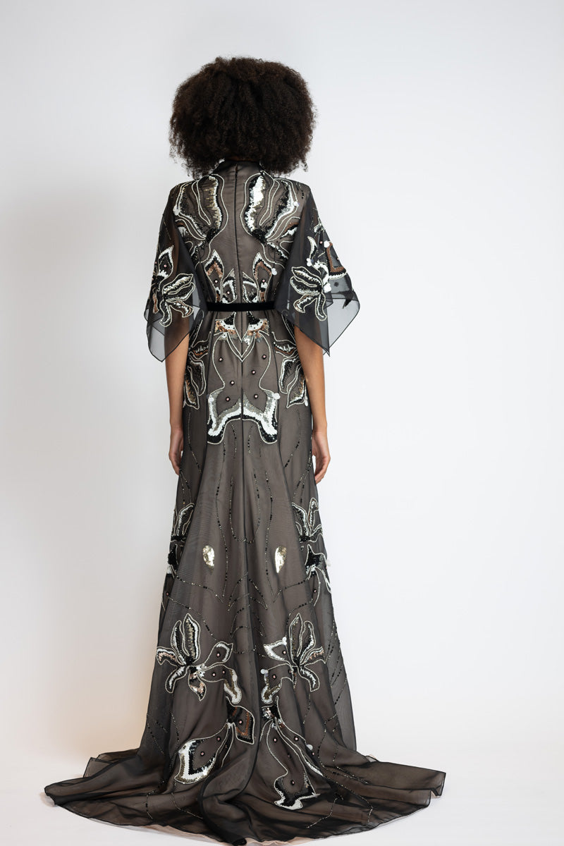 Rhyme Embroidered Black Organza Gown With Winged Sleeves 5