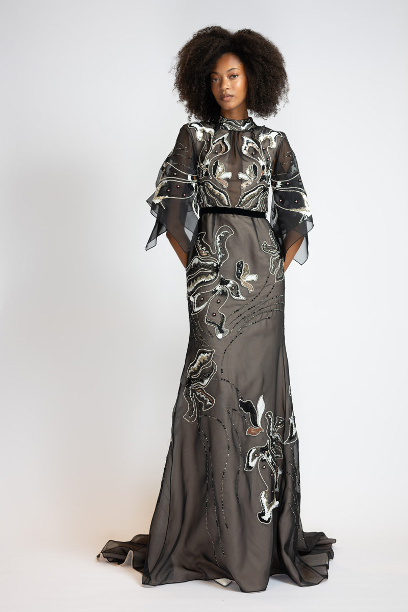 Rhyme Embroidered Black Organza Gown With Winged Sleeves 2