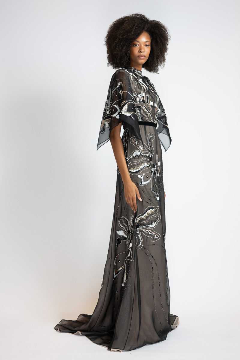 Rhyme Embroidered Black Organza Gown With Winged Sleeves 3