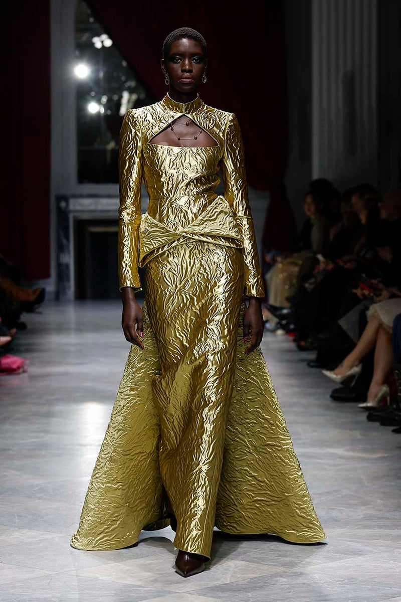 Hema Embossed Gold Jacquard Goddess Gown with Iris Drape
