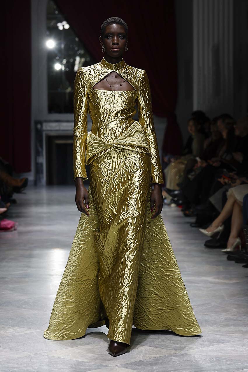 Hema Embossed Gold Jacquard Goddess Gown with Iris Drape Front Runway