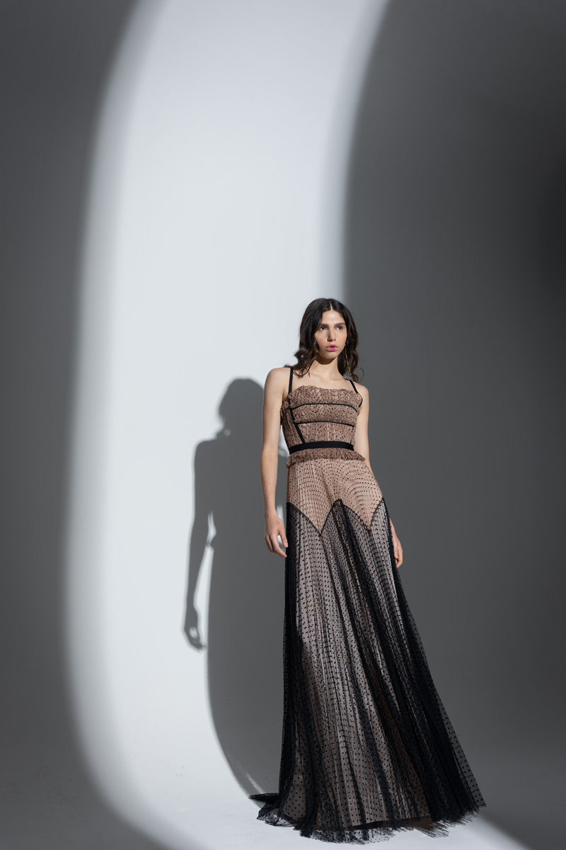 Toffee And Onyx Point d’Esprit Hand-Pleated Gown with Harness Detail Front Runway