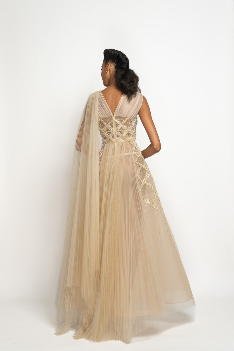 Nude Tulle Pleated Gown with Sitara Embroidery and Pallu Train 5