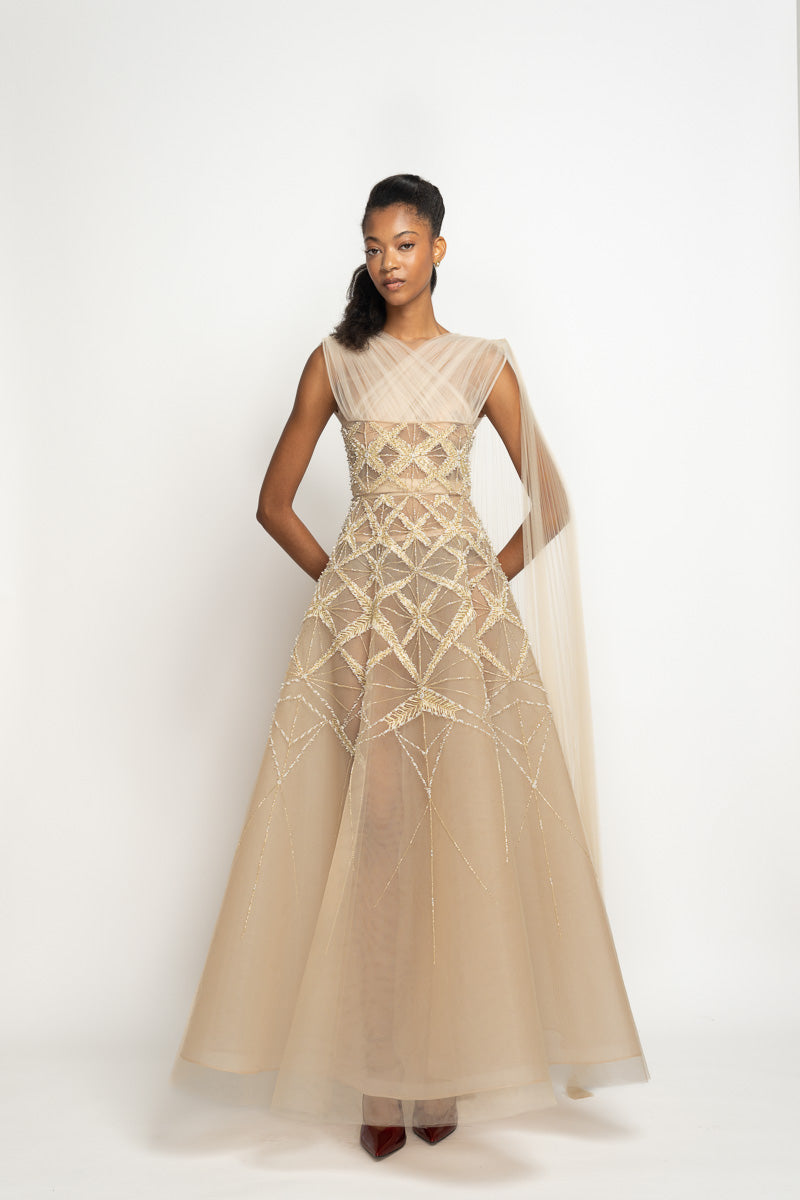 Nude Tulle Pleated Gown with Sitara Embroidery and Pallu Train 2