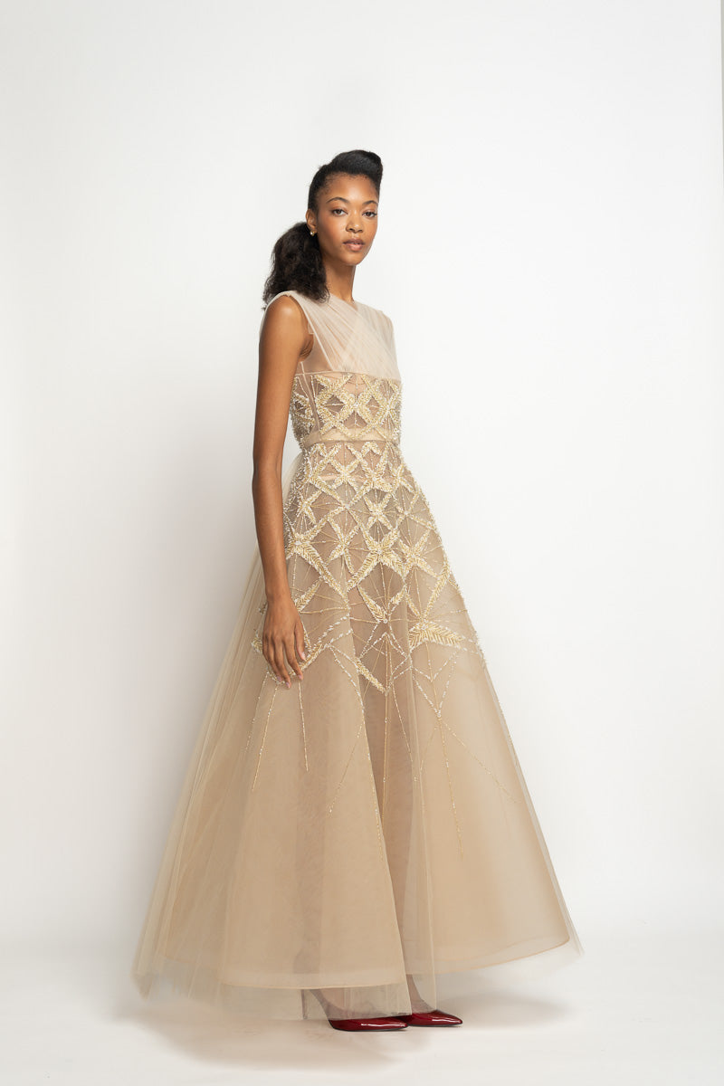 Nude Tulle Pleated Gown with Sitara Embroidery and Pallu Train 3