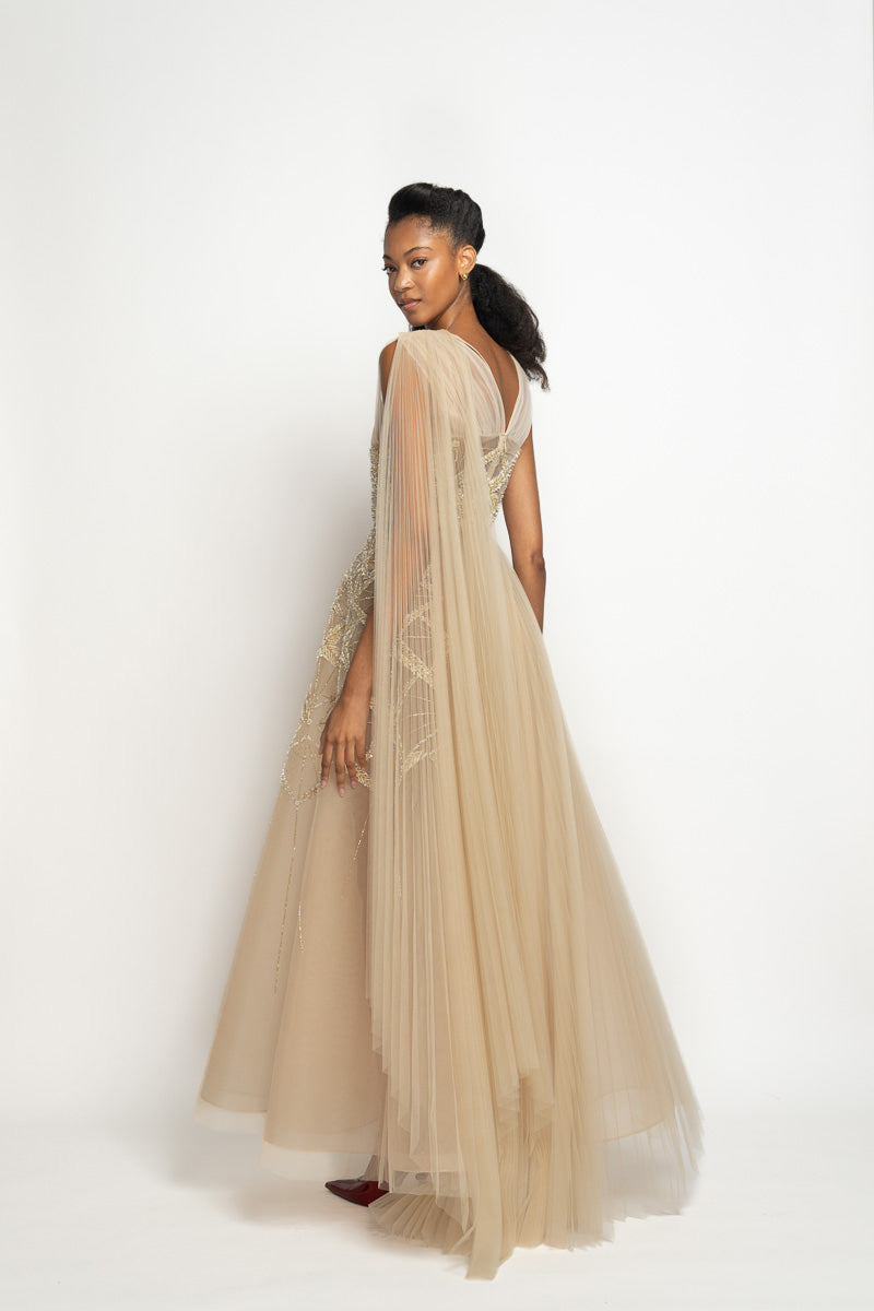 Nude Tulle Pleated Gown with Sitara Embroidery and Pallu Train 4