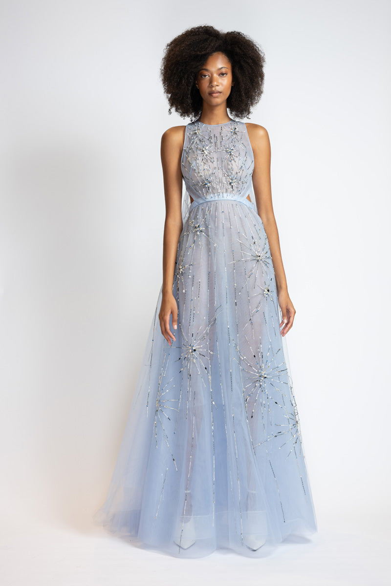 Starburst Embroidered Tinted Aqua Tulle Gown With Cape Train 1