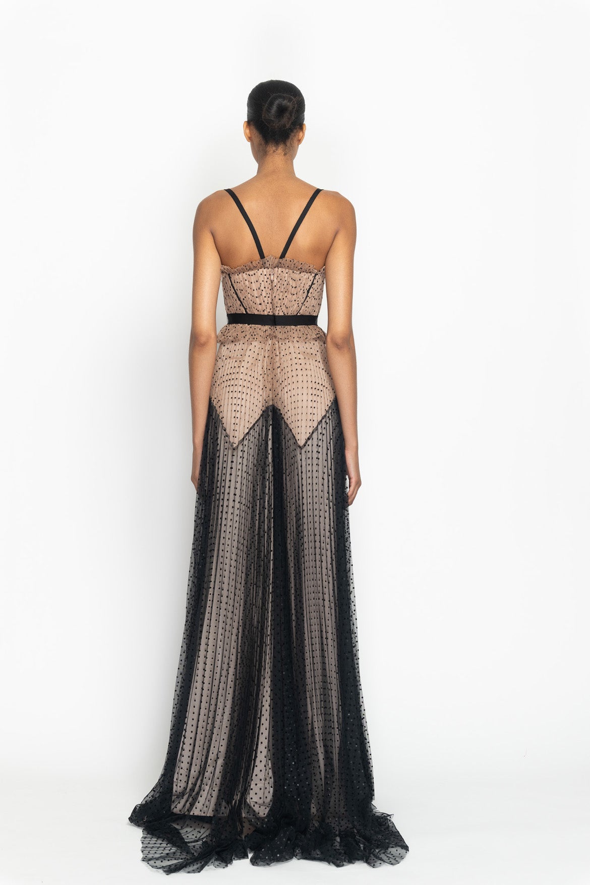 Toffee And Onyx Point d’Esprit Hand-Pleated Gown with Harness Detail Back