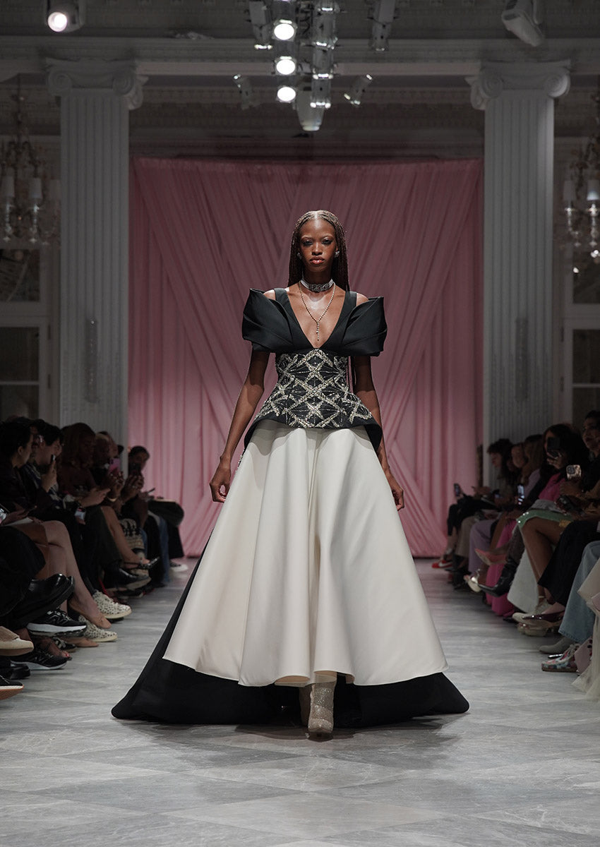 Sitara Embroidered Onyx Faille Peplum Gown with Moulded-Sleeve Drape and Ivory Faille Lehenga Skirt 1